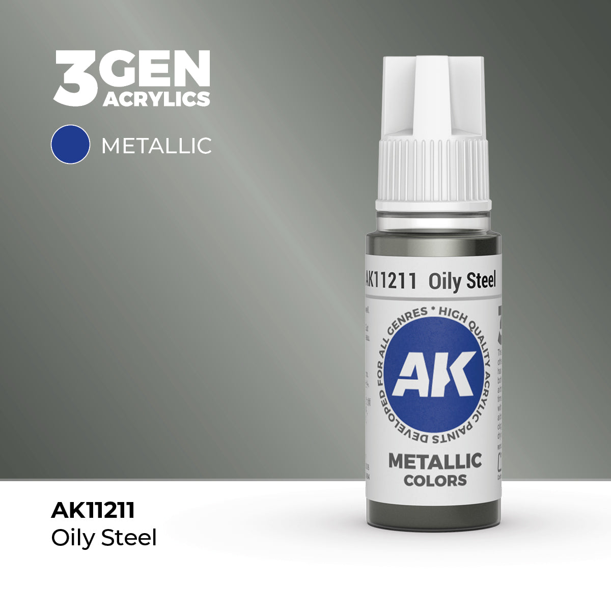 Bote de pintura acrílica AK 3rd Generation Oily Steel de 17 ml