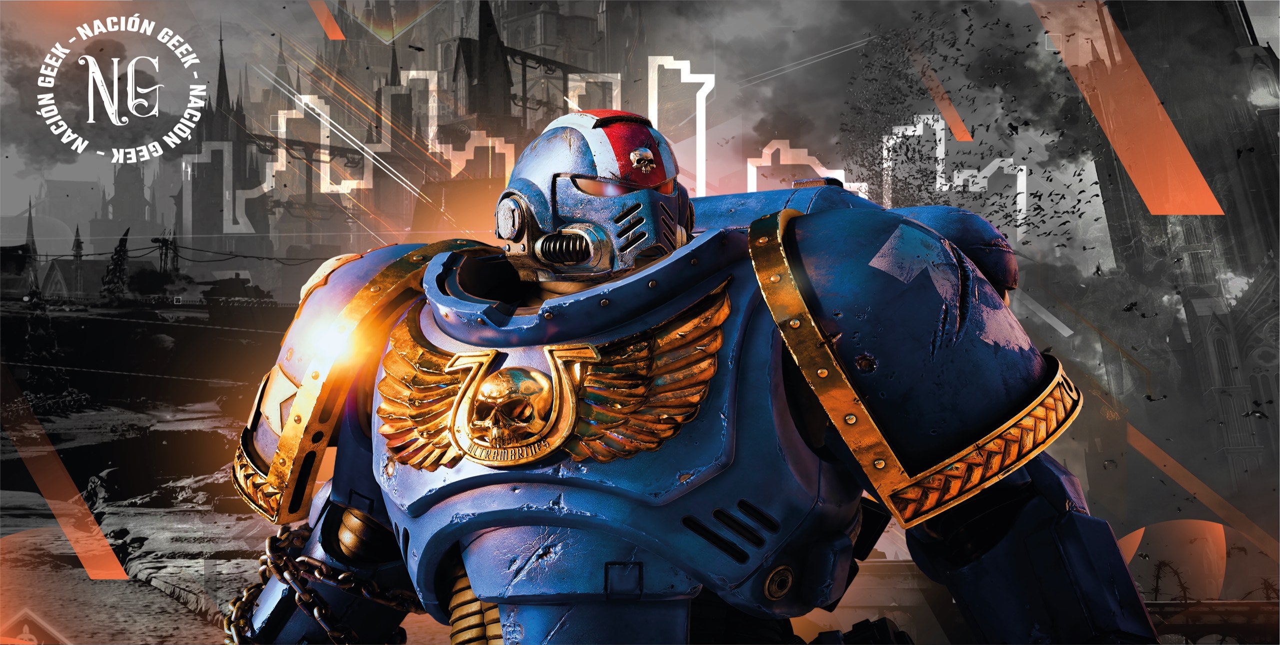 Space Marine de Warhammer 40,000 sobre ciudad en ruinas, con el sello de Nación Geek